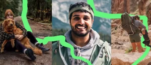 Woman with dog, woman with a kid, & man smiling outdoors