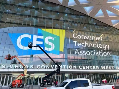 CES and CTA branding being placed on the Las Vegas Convention Center for 2023 event