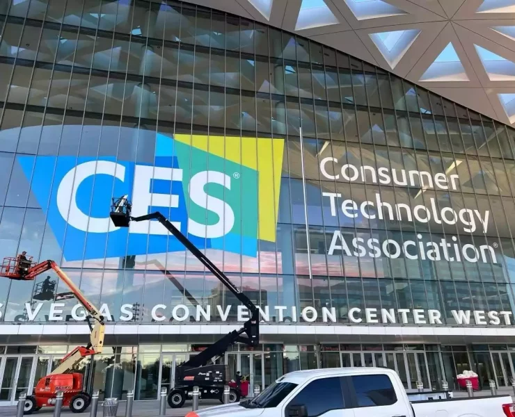 CES and CTA branding being placed on the Las Vegas Convention Center for 2023 event