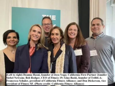 Smiling in the image are Deanna Hasni, founder of Joya Yoga; California First Partner Jennifer Siebel Newsom; Bob Rodger, CEO of Fitness 19; Gina Baski, founder of TrifitLA; Francesca Schuler, president of California Fitness Alliance; and Don Dickerson, vice president of Fitness SF.