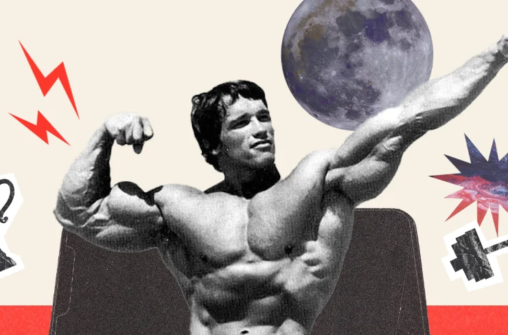 Arnold Schwarzenegger poses in a fitness app logo