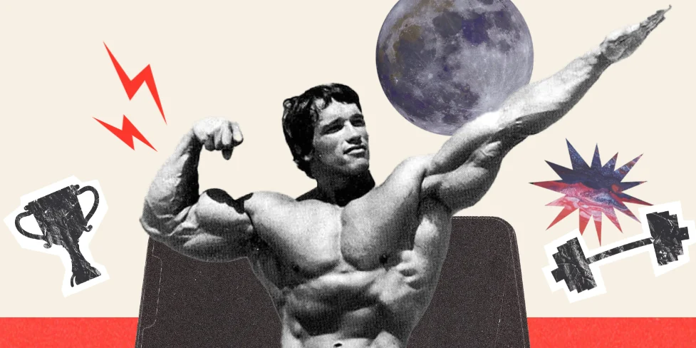 Arnold Schwarzenegger poses in a fitness app logo