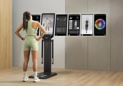 woman looks at screens on a fitness machine