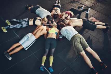 group of people work out together