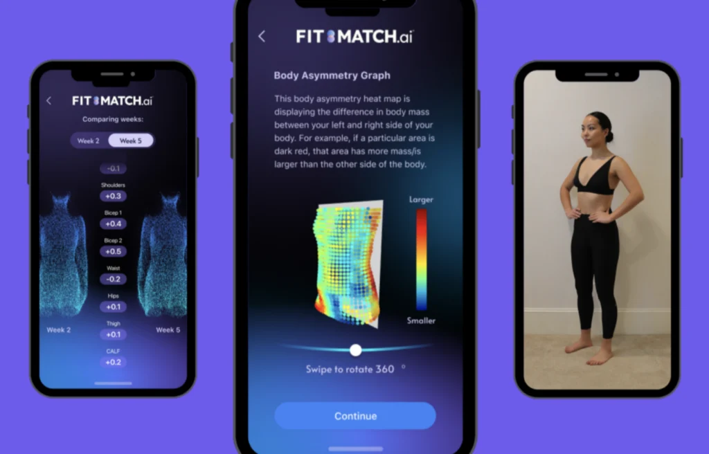 Three photos shown on mobile device screens against a purple background. The images show Fit:Match capabilities in scanning the body for composition. Another image shows a woman being scanned.