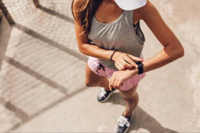 woman checks her smartwatch