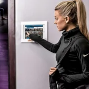 Woman signs up for a group fitness class