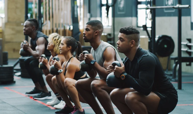 people hold kettlebells in a fitness class