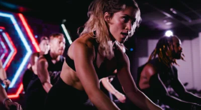 Woman on an indoor bike