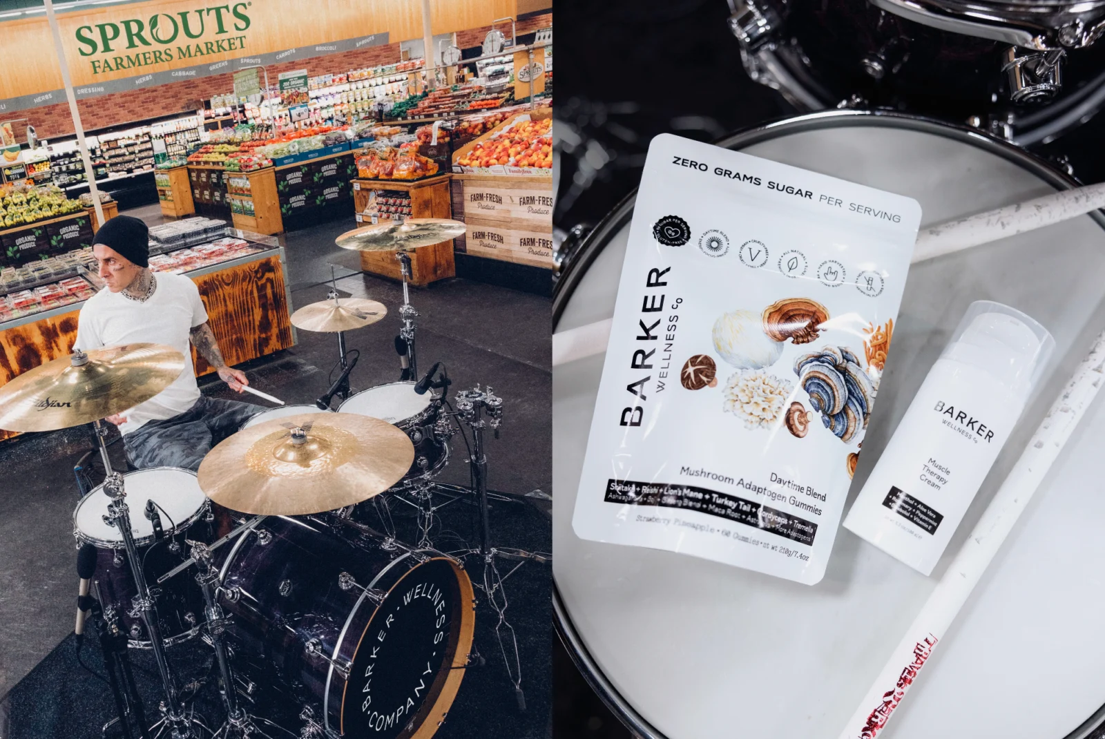 Travis Barker plays drums next to a Barker Wellness product