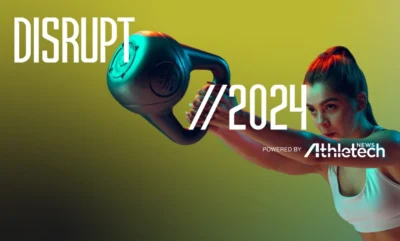 promo banner for Disrupt 2024, featuring a woman performing a kettlebell swing