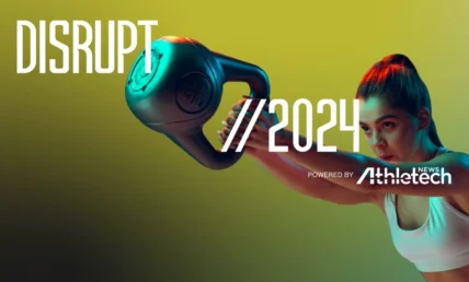 promo banner for Disrupt 2024, featuring a woman performing a kettlebell swing