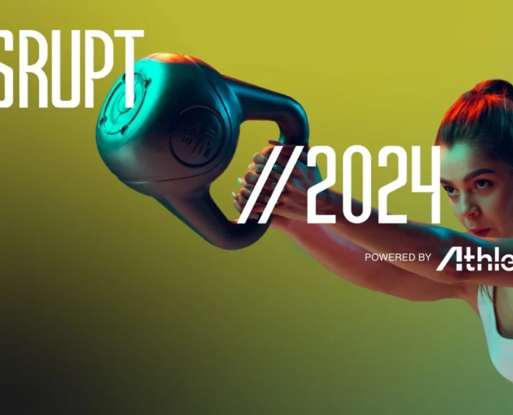 promo banner for Disrupt 2024, featuring a woman performing a kettlebell swing