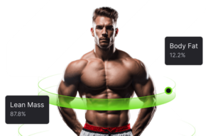 An image of a male and his body composition results against a white background.