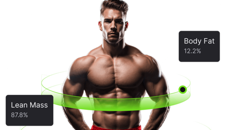 An image of a male and his body composition results against a white background.