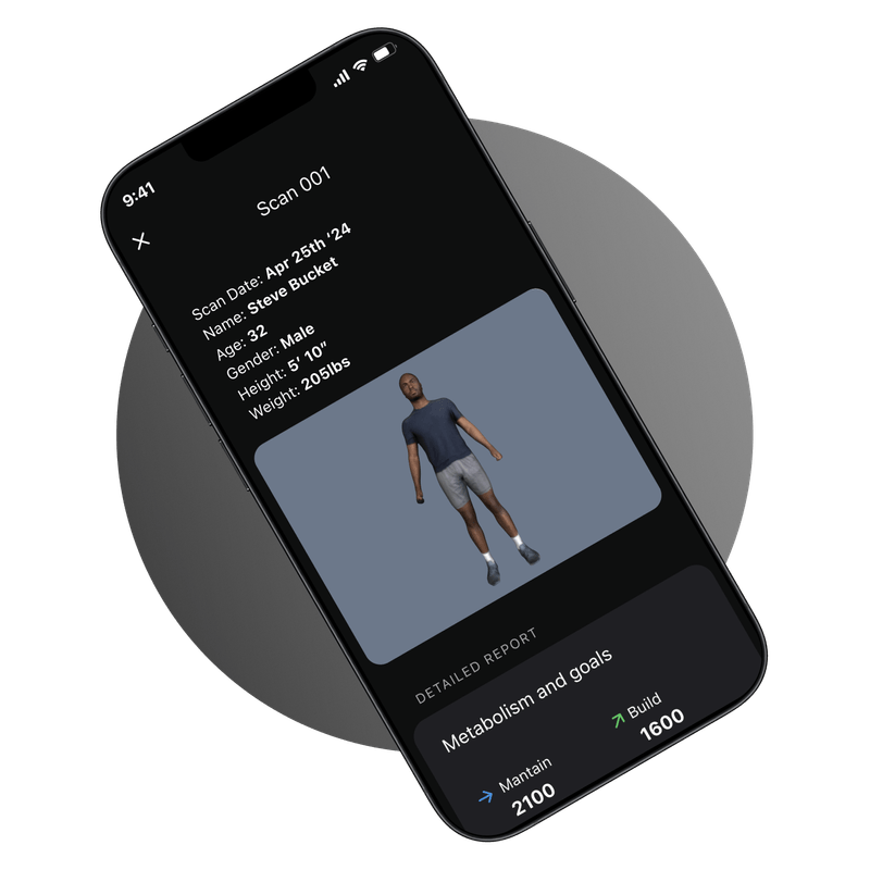 A rendering of a FitnessAI scan show on a mobile device with details of the model user.