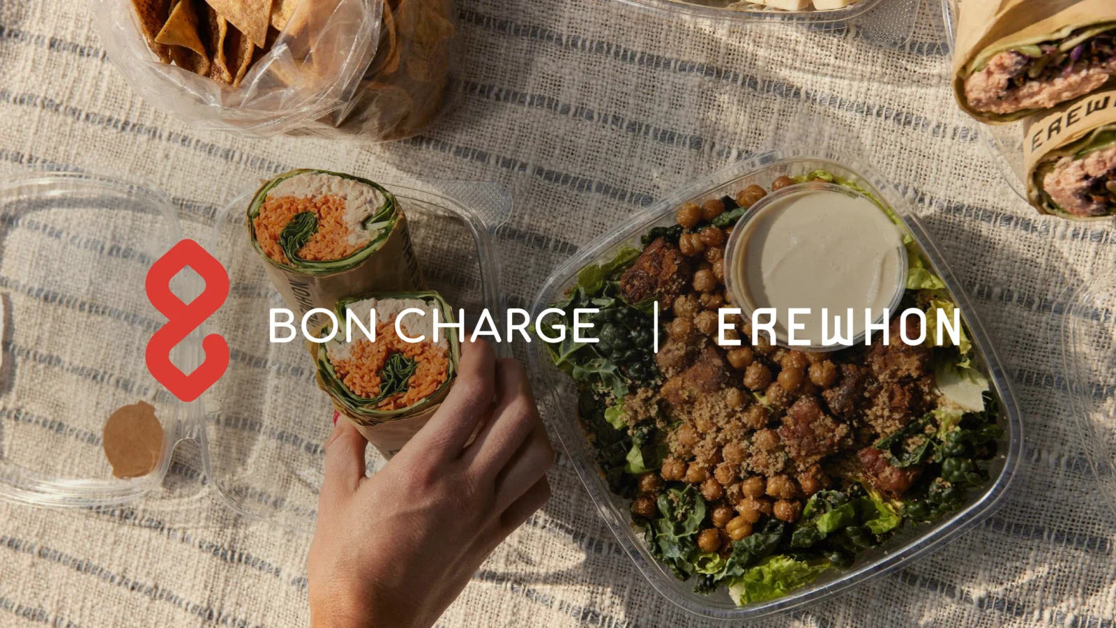 An image of Bon Charge and Erewhon written in text over an image of food from Erewhon