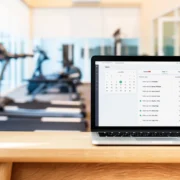 Laptop open inside a gym