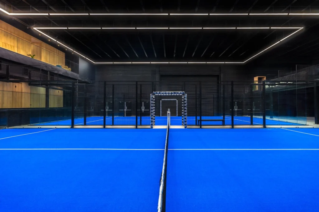 Close-up of a padel court at Padel House in Dumbo, Brooklyn