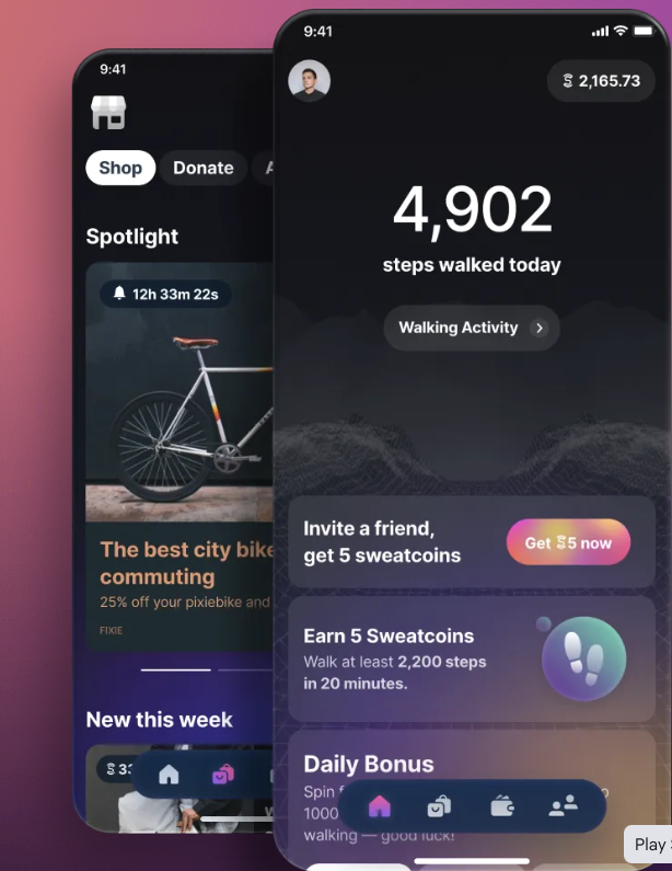 An image of Sweat Economy's app, which incentivizes users with financial rewards for movement.