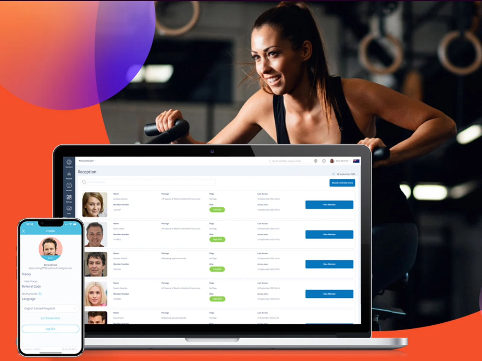 an image depicting a smiling women who is working out and a screen that shows Xplor Gym's offerings