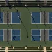 an aerial shot of Life Time pickleball courts