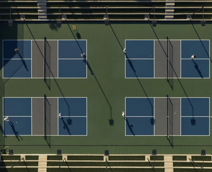 an aerial shot of Life Time pickleball courts