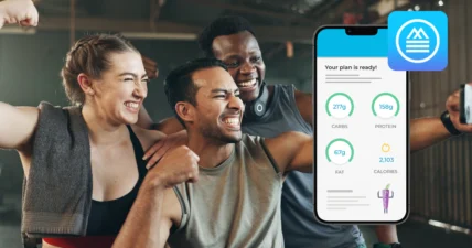 men and women celebrate achieving fitness goals in an ad for Macrostax