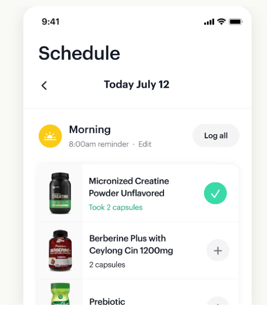 an in-app image of a supplement stack and schedule