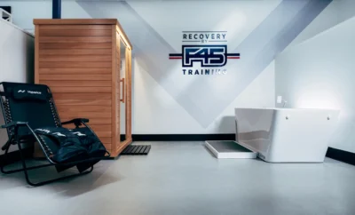 f45 studio with infrared sauna, cold plunge tub and Hyperice chair