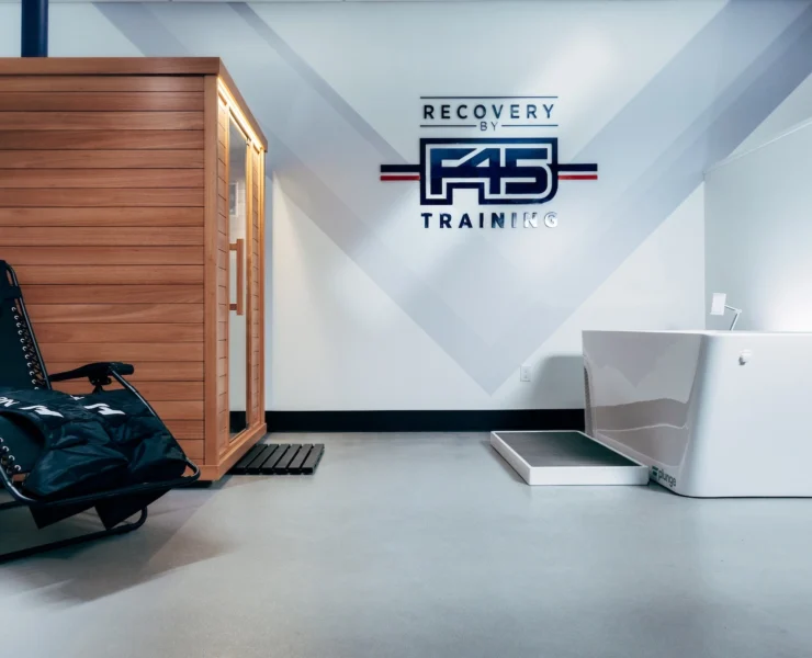 f45 studio with infrared sauna, cold plunge tub and Hyperice chair