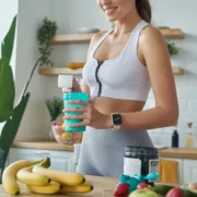 active woman pours protein powder into a shaker bottle