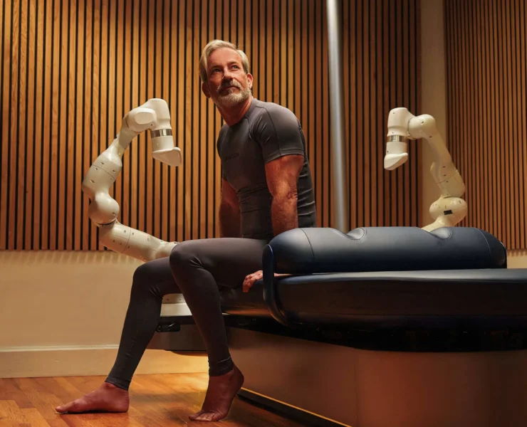 Man sitting on robotic massage table