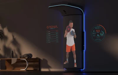 Growl boxing bag hangs on a wall