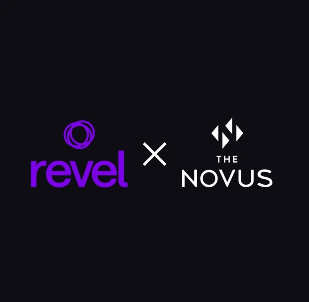 Text-based logo announcing Revel x The Novus