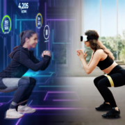 woman works out with an instructor in virtual reality