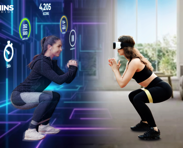 woman works out with an instructor in virtual reality