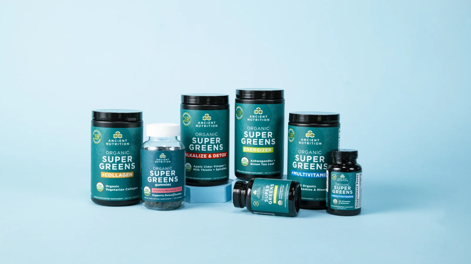 an image of supergreens products from Ancient Nutrition, which was just acquired by Wellful.