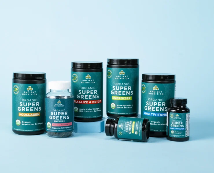 an image of supergreens products from Ancient Nutrition, which was just acquired by Wellful.