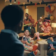 man looks surprised at a living room full of clowns