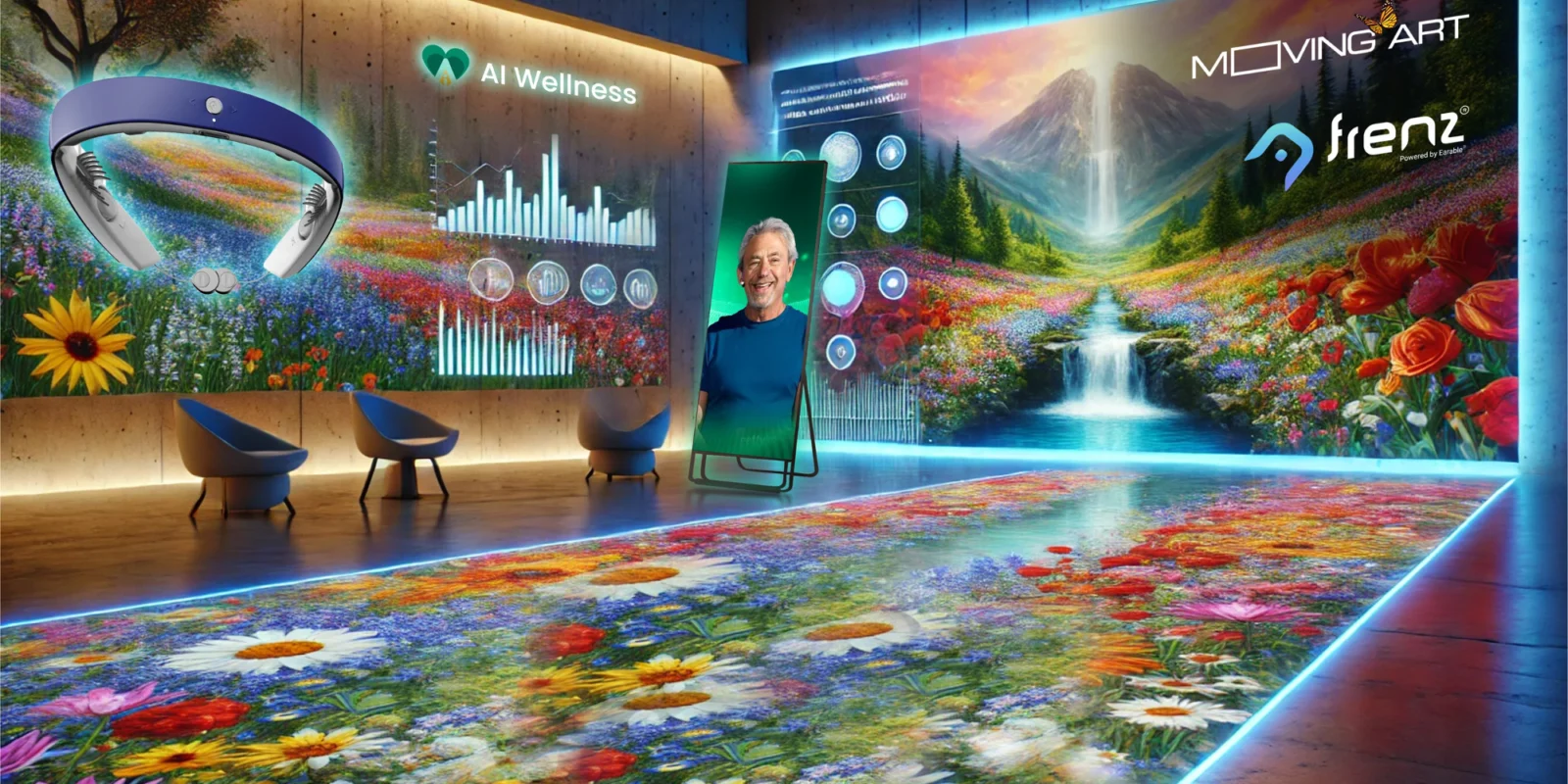 a scene of an interactive avatar from AI Wellness promoting visual healing.