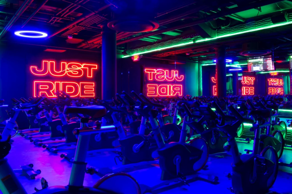 group fitness studio with indoor cycling bikes