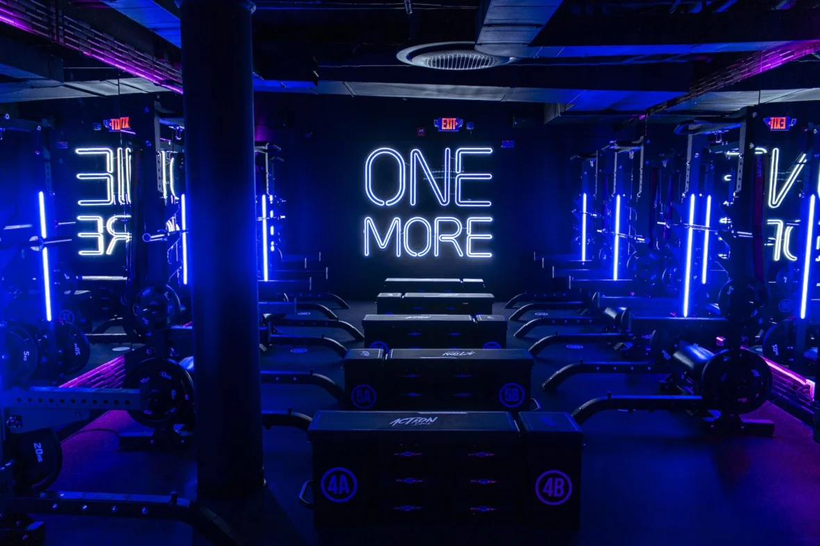group fitness studio with weight benches