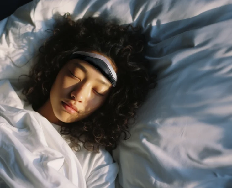 woman wears a somnee sleep headband