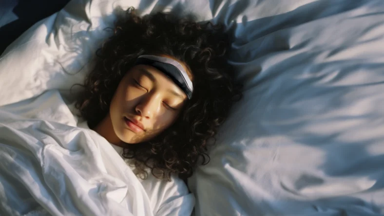woman wears a somnee sleep headband