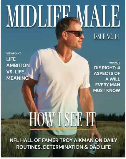 a cover of Midlife Male with Troy Aikman on the cover