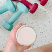 a protein shake and weights