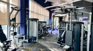 gym with strength training equipment