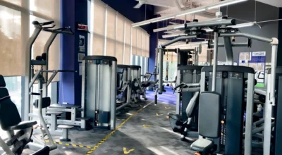 gym with strength training equipment