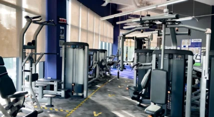 gym with strength training equipment